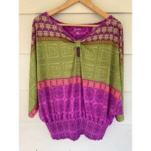 Sunset Rd Purple Green Drop Shoulder Dolman Sleeve Blouson Bold Colorful Shirt L